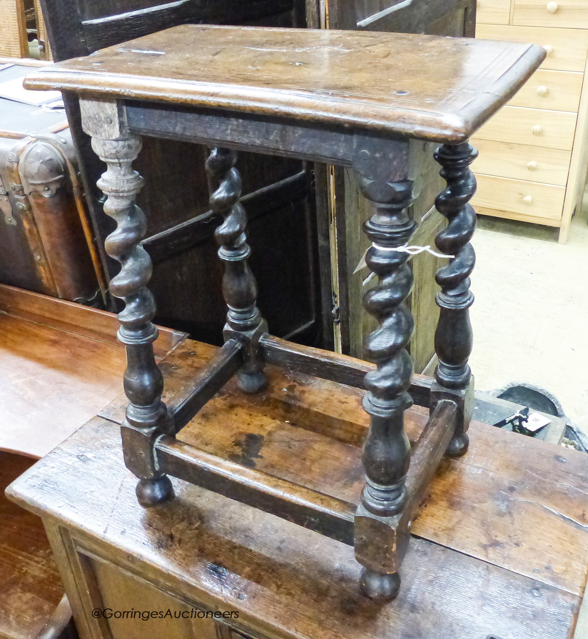 A Victorian 17th century style oak stool, length 46cm, depth 28cm, height 56cm